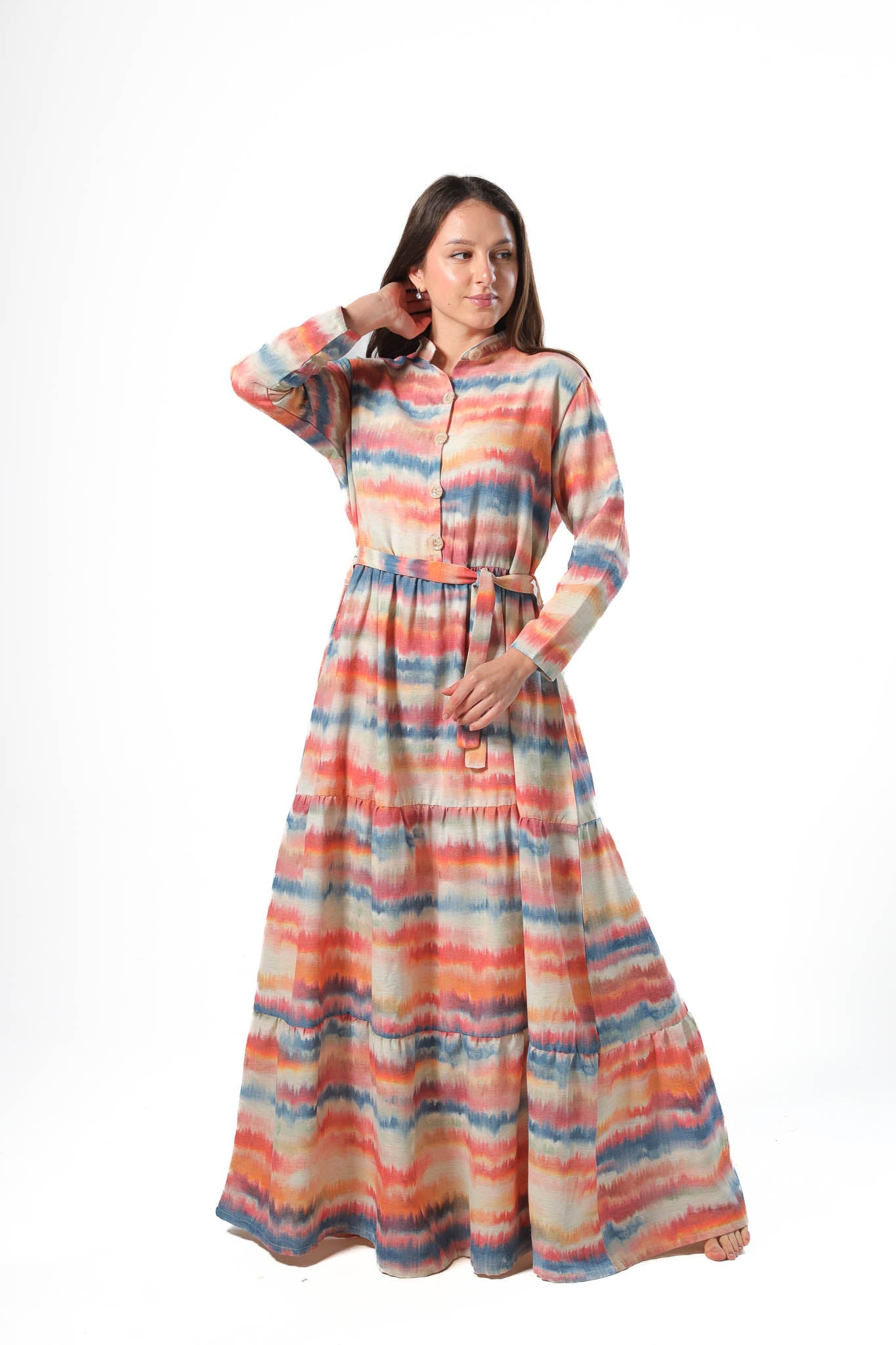 Elegant Women's Linen Dress with Buttons - Orange