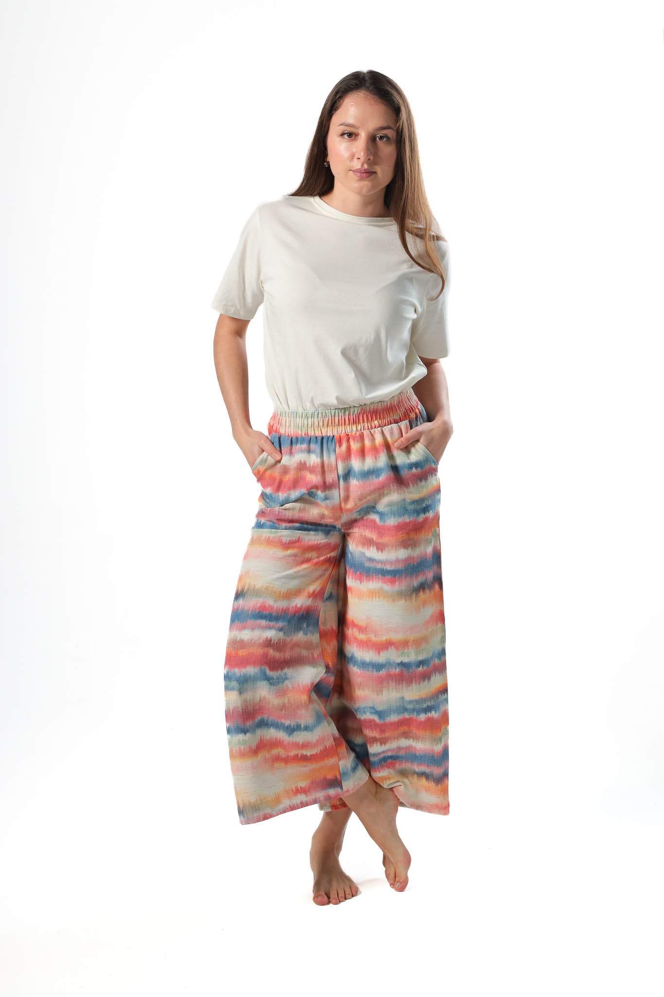 Wide leg pants, half elastic waist - Orange
