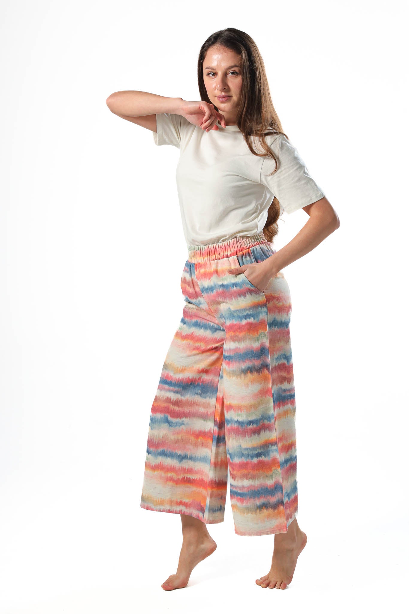 Wide leg pants, half elastic waist - Orange