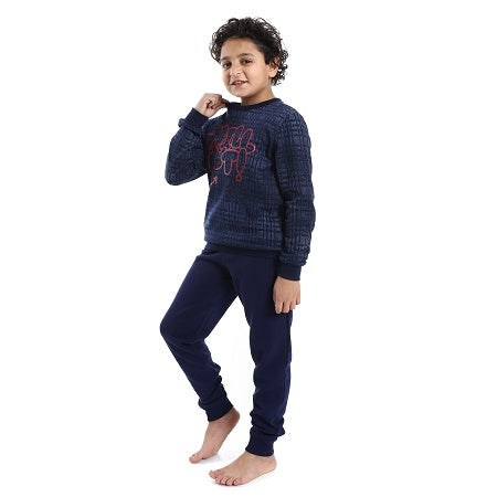 Boys' Winter Pajama Set - Cozy Printed Crew Neck Shirt and Navy Blue Pants - Perfect for Cold Nights ( WHITE )
