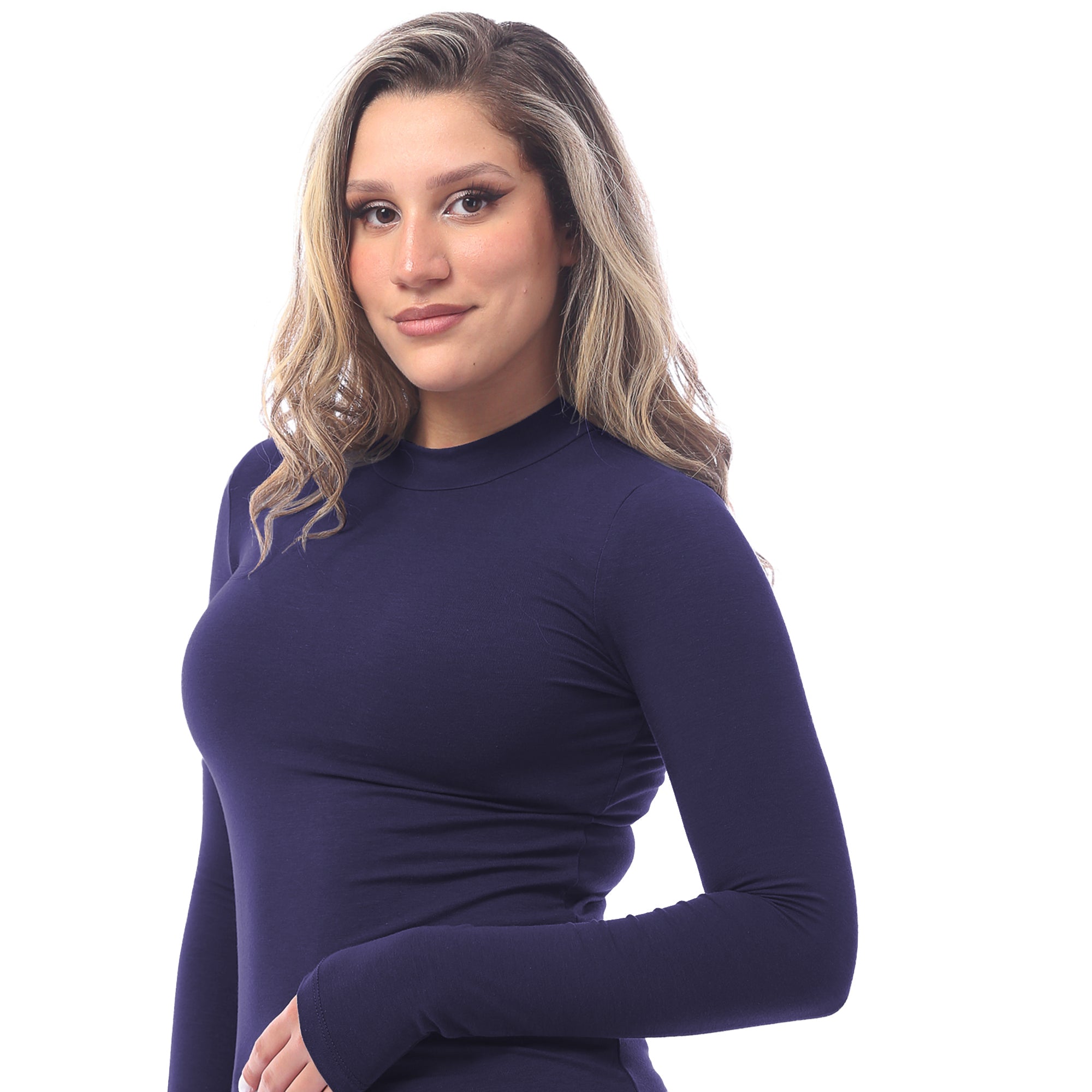 High Neck Long Sleeve T-Shirt For Women-NAVY