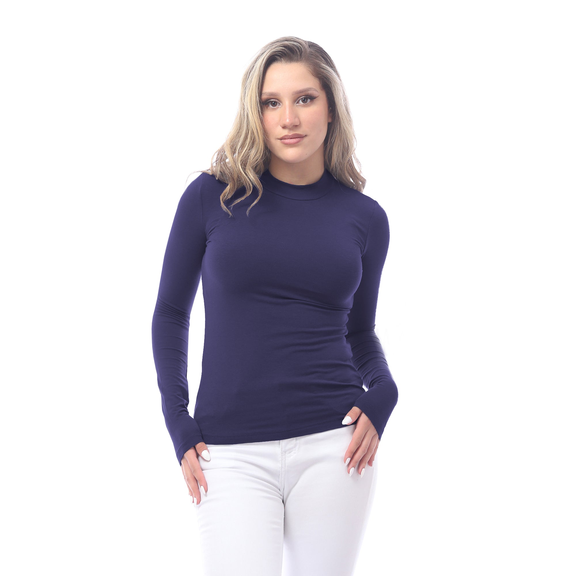 High Neck Long Sleeve T-Shirt For Women-NAVY