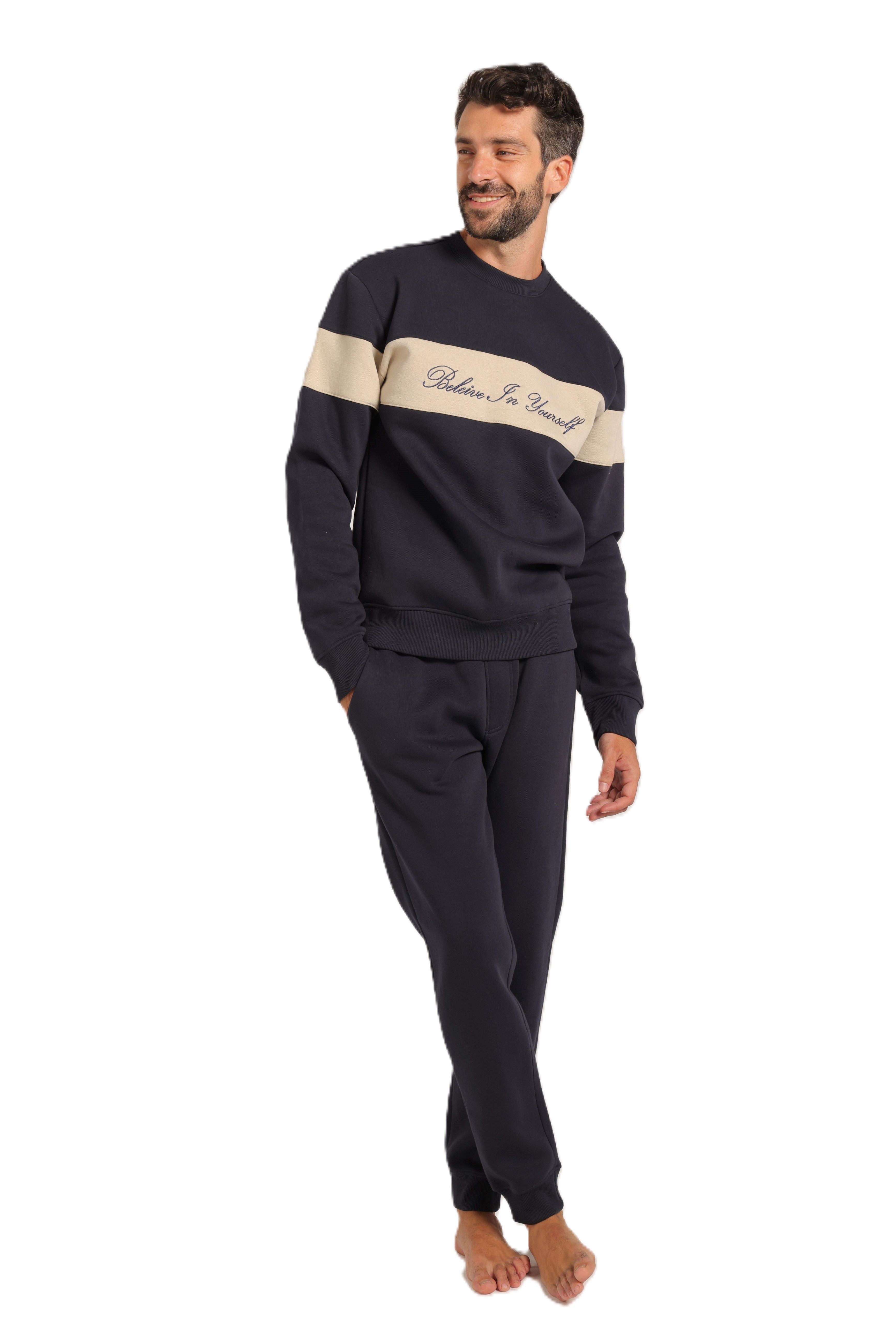 Men’s Lined Tracksuit with Contrast Chest Stripe – Navy Blue
