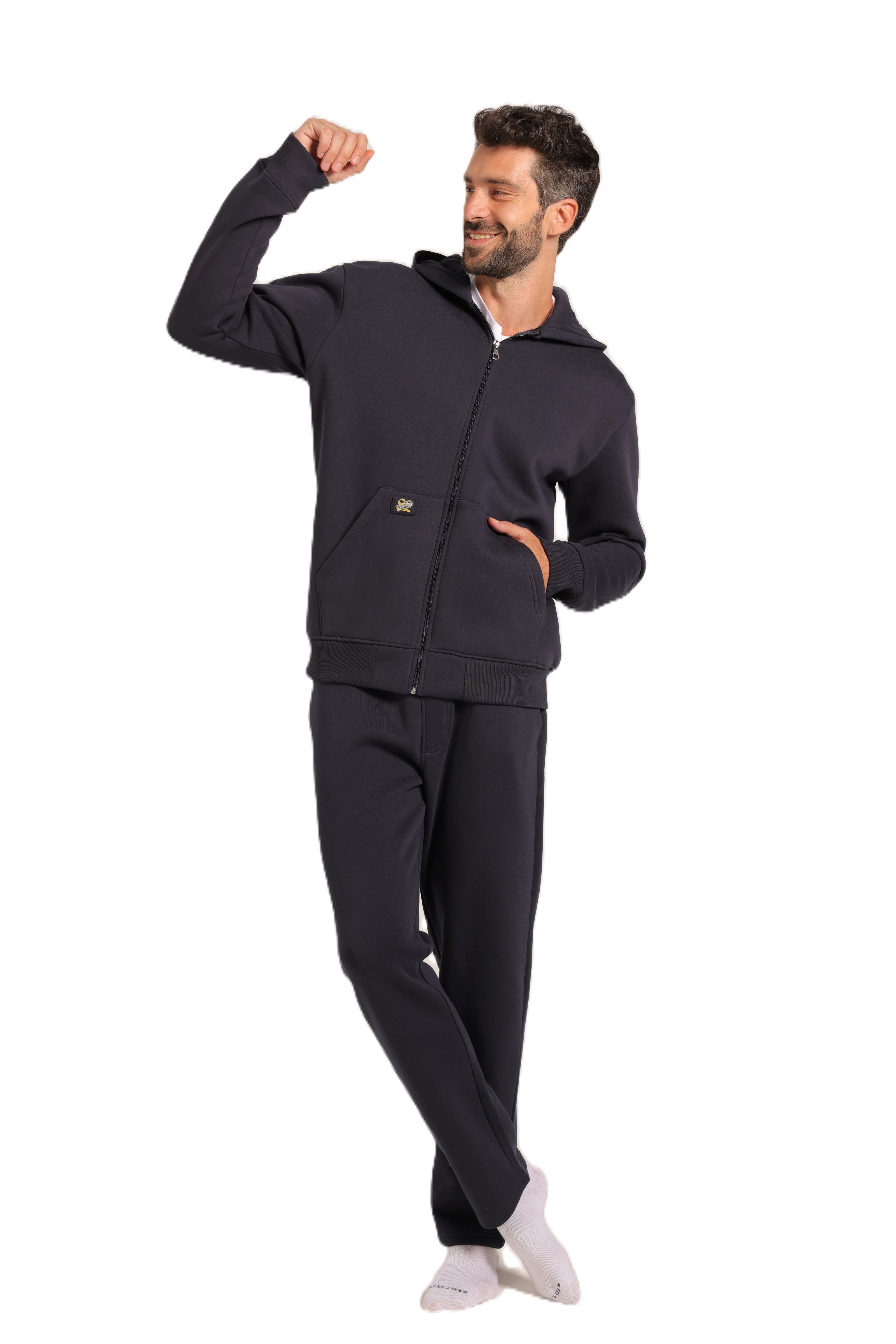 Men’s Casual Hoodie Set – Warm Jogger Tracksuit with Graphic Details - Navy Blue