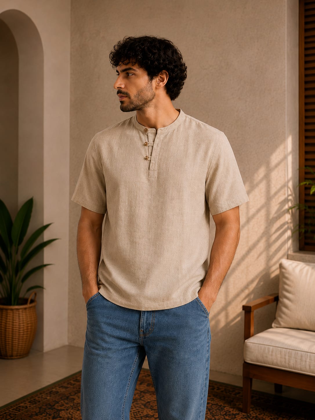 Men Short Sleeve Henley Linen T-Shirt