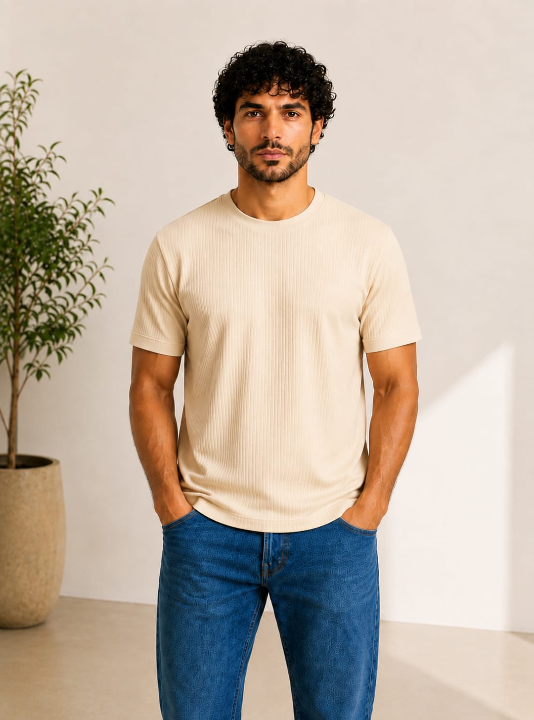 Men Ribbed Knit T-Shirt