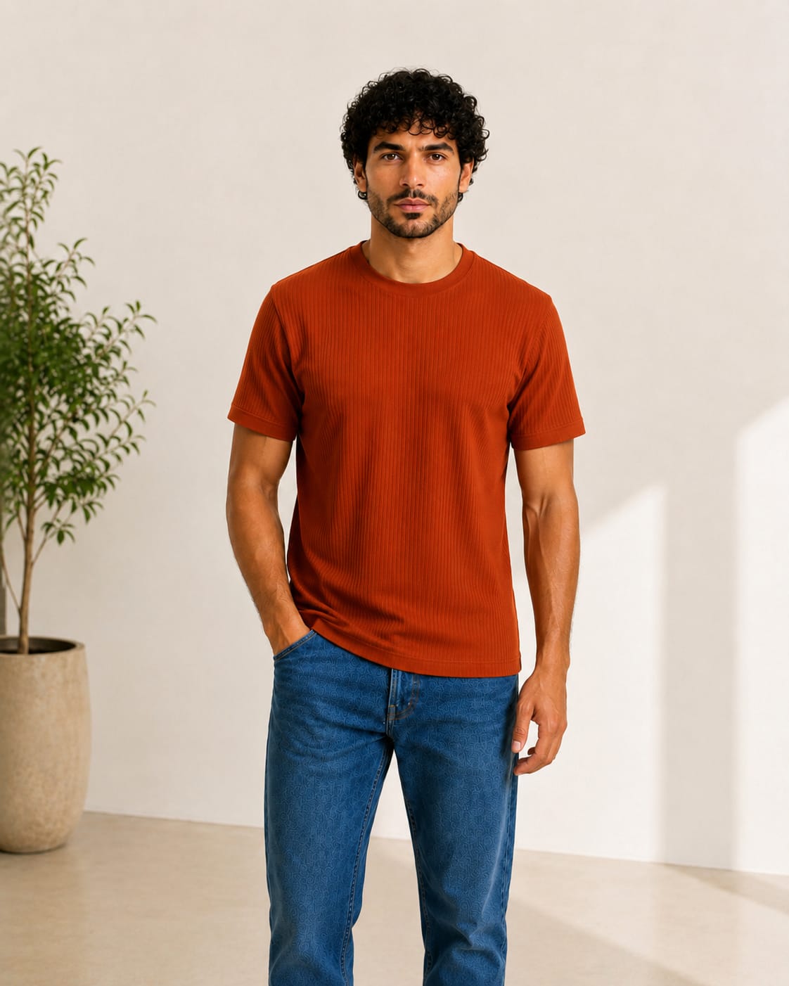 Men Ribbed Knit T-Shirt