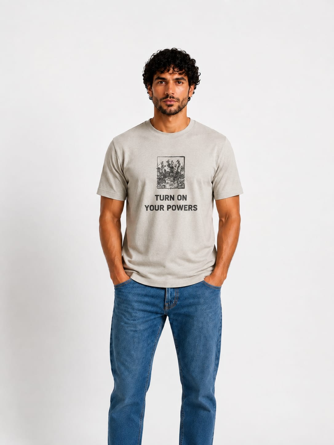 Men "Turn On Your Powers" Motivational Cotton Tee in Silver
