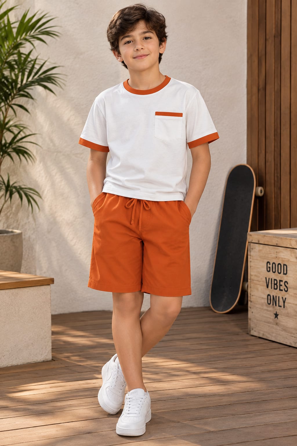 Boys’ Off-White & Orange Shorts Pajama Set