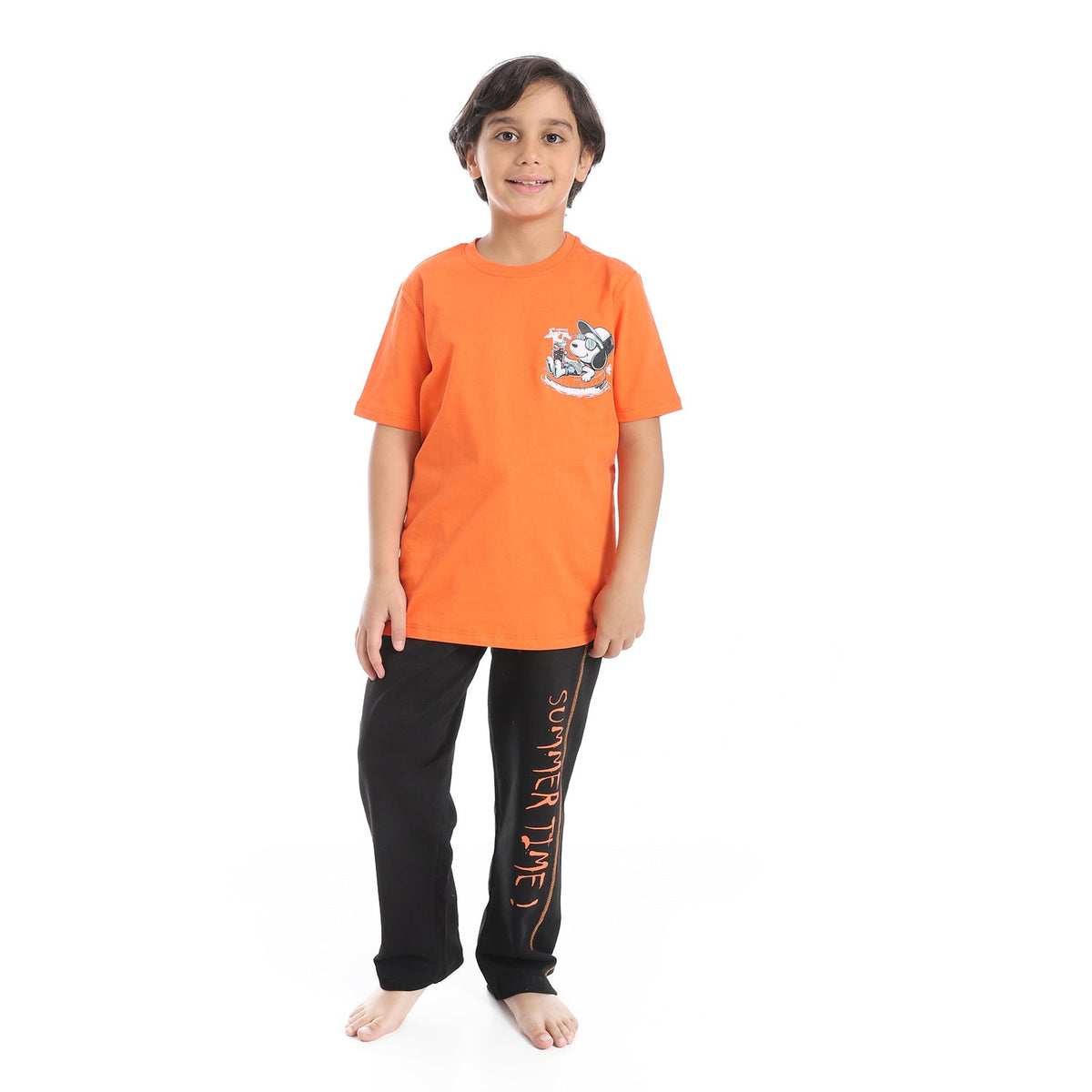 Boys’ Active Summer Pajama Set – Orange T-Shirt & Printed Black Pants - Red Cotton