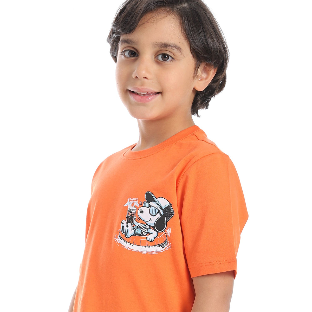 Boys’ Active Summer Pajama Set – Orange T-Shirt & Printed Black Pants - Red Cotton