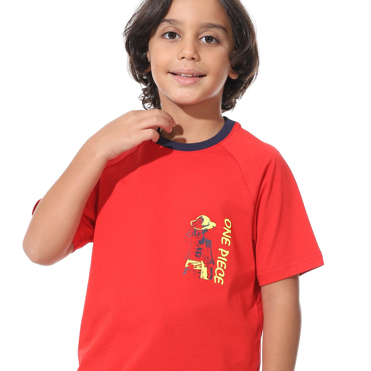 Boys' Active Summer Pajama Set – Red T-Shirt & Printed Navy Loose-Fit Pants - Red Cotton