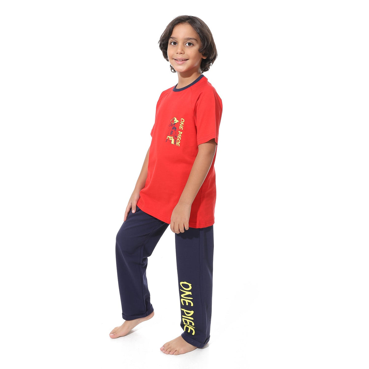 Boys' Active Summer Pajama Set – Red T-Shirt & Printed Navy Loose-Fit Pants - Red Cotton