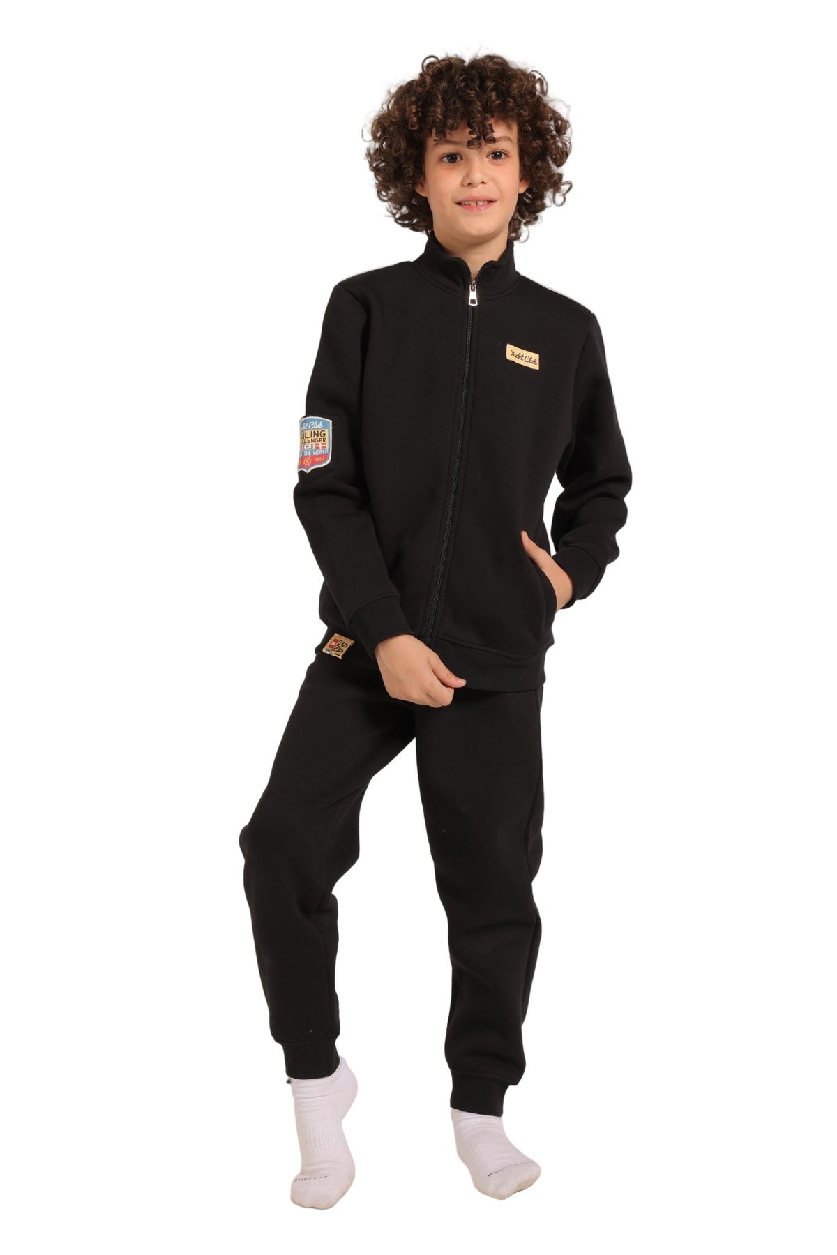 Boy’s Black Milton Tracksuit – Cozy Winter Set with Zipper Jacket & Jogger Pants - Red Cotton
