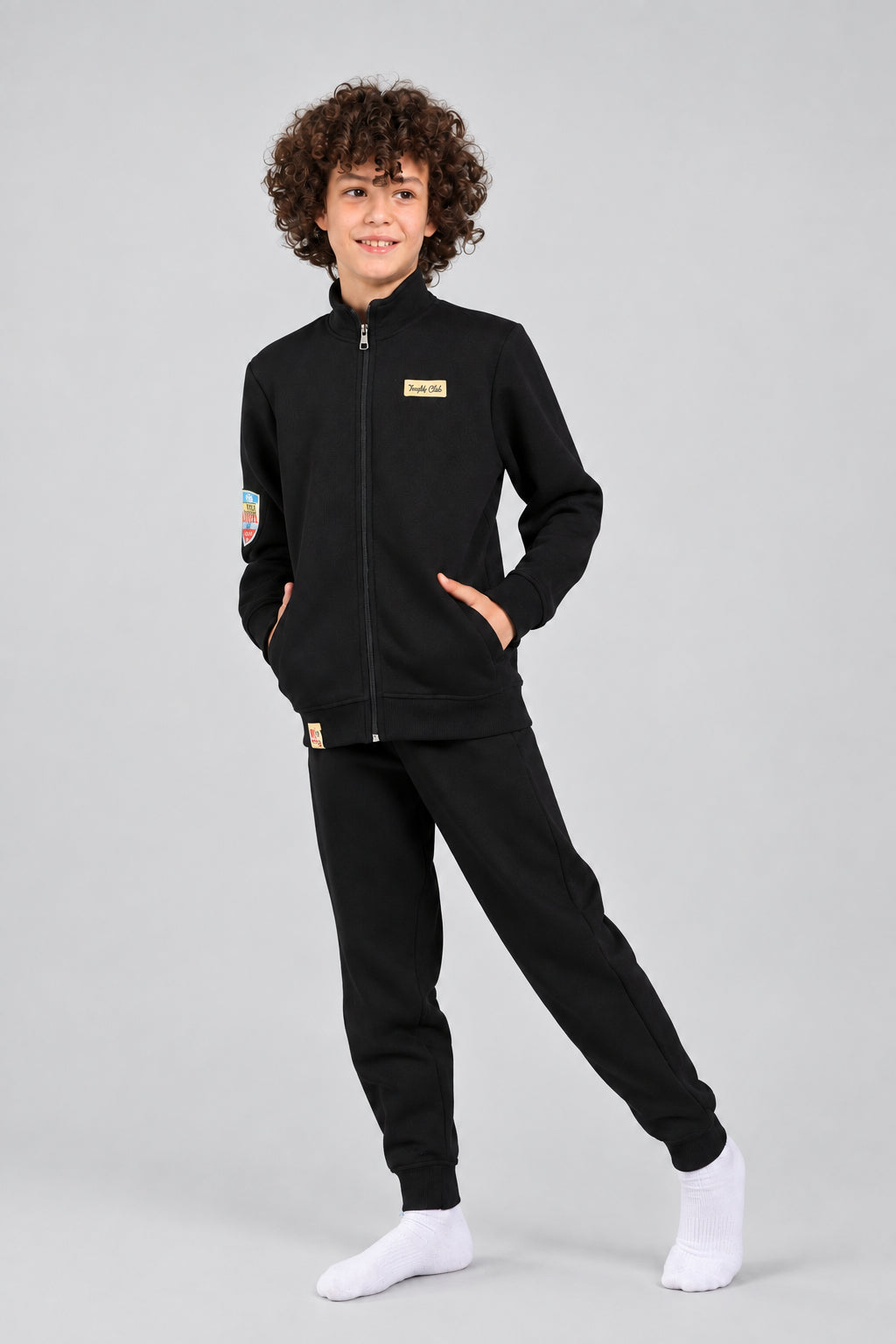 Boy’s Black Milton Tracksuit – Cozy Winter Set with Zipper Jacket & Jogger Pants - Red Cotton