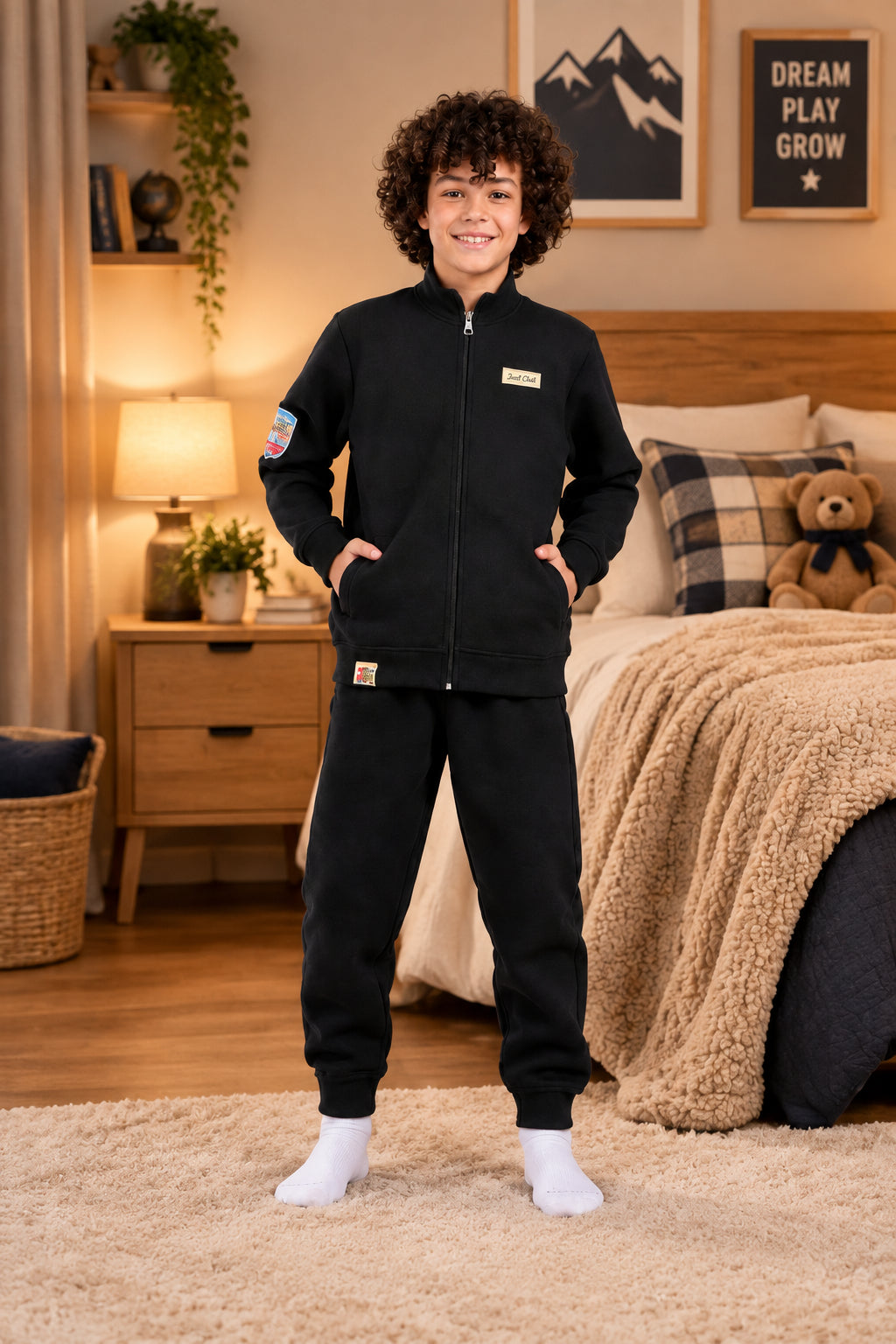 Boy’s Black Milton Tracksuit – Cozy Winter Set with Zipper Jacket & Jogger Pants - Red Cotton