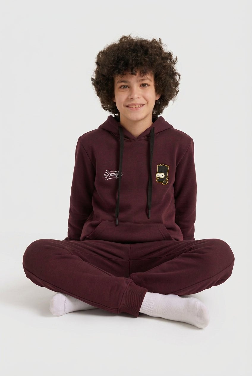 Boys’ Maroon Hoodie Pajama Set with Cartoon Back Print - Red Cotton