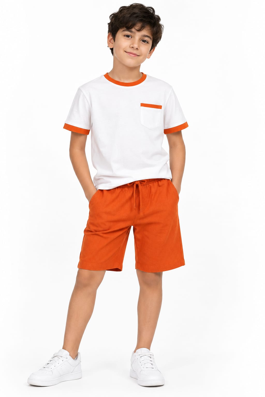 Boys’ Off-White & Orange Shorts Pajama Set - Red Cotton