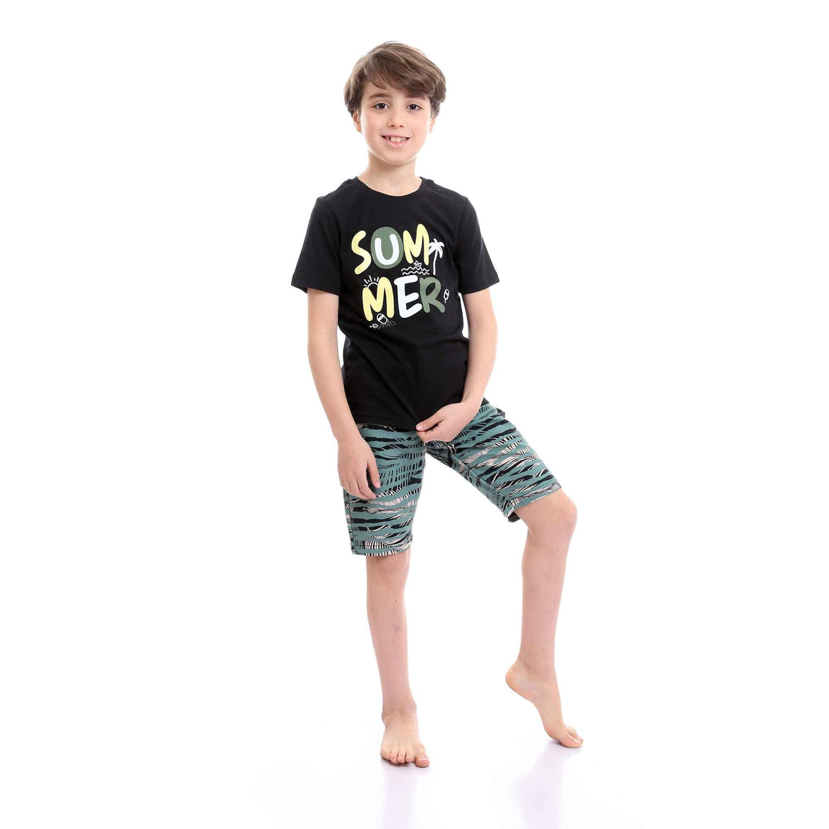 Boys Printed Colorful Summer & Shorts Pajama Set - Black & Mint Green - Red Cotton