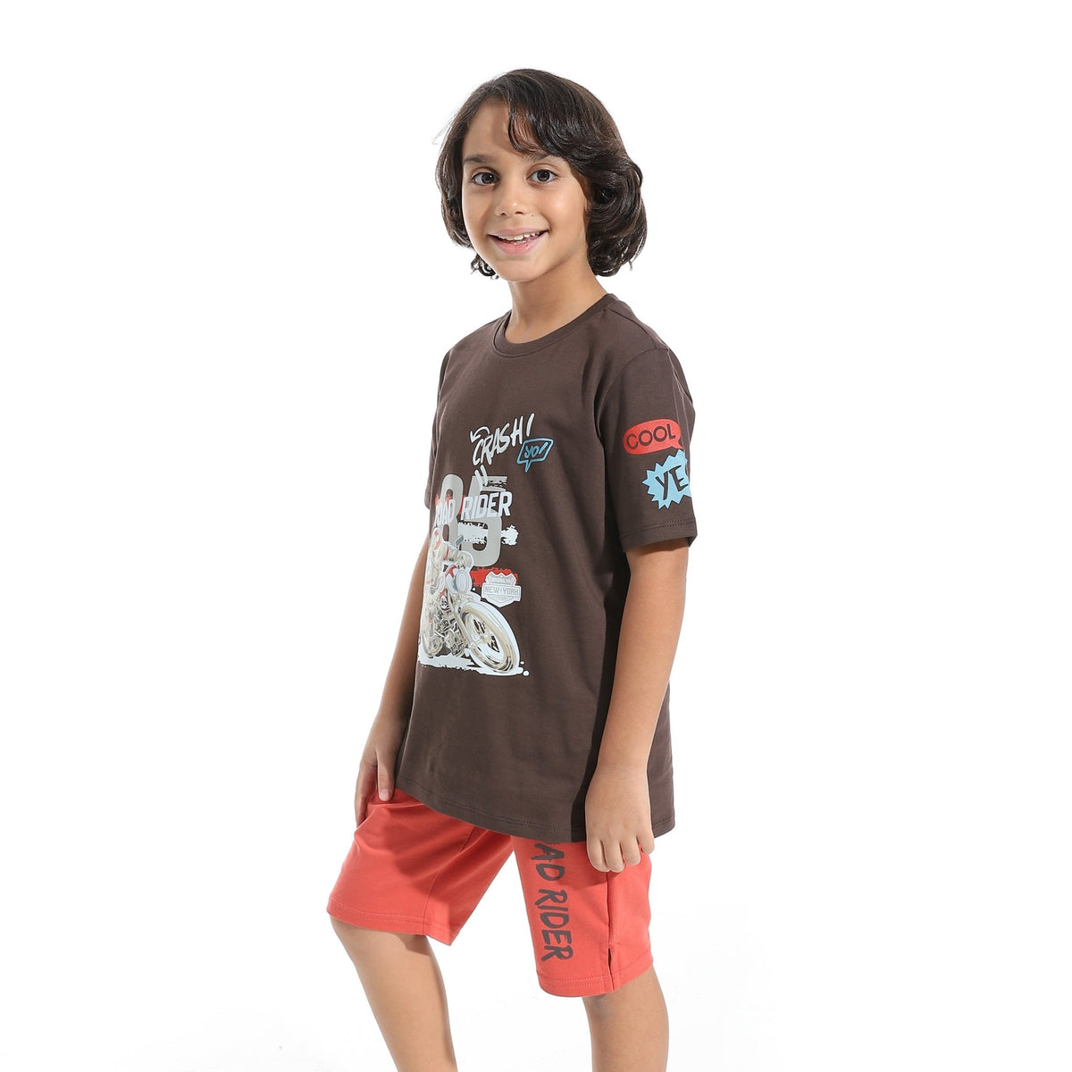 Boys’ Short Pajama Set with Print - Brown - Red Cotton