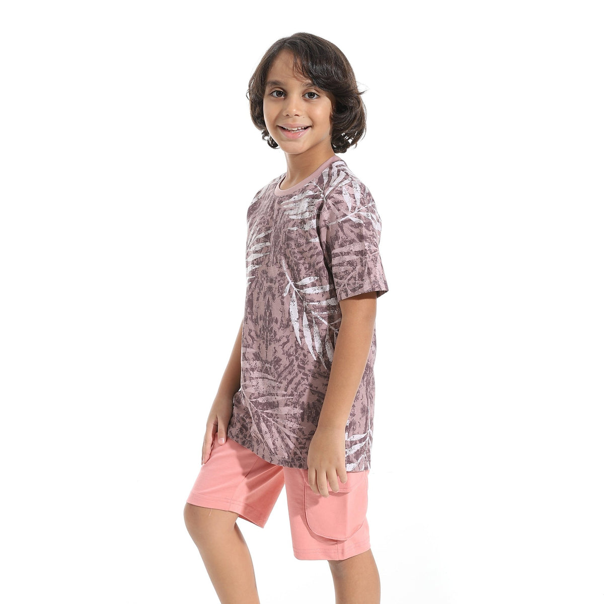 Boys Short Sleeves Tee & Slip On Shorts Pajama Set -Kashmir - Red Cotton