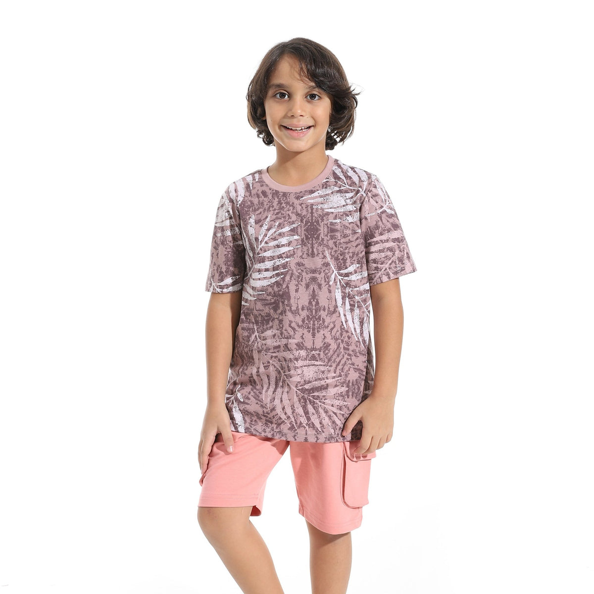 Boys Short Sleeves Tee & Slip On Shorts Pajama Set -Kashmir - Red Cotton