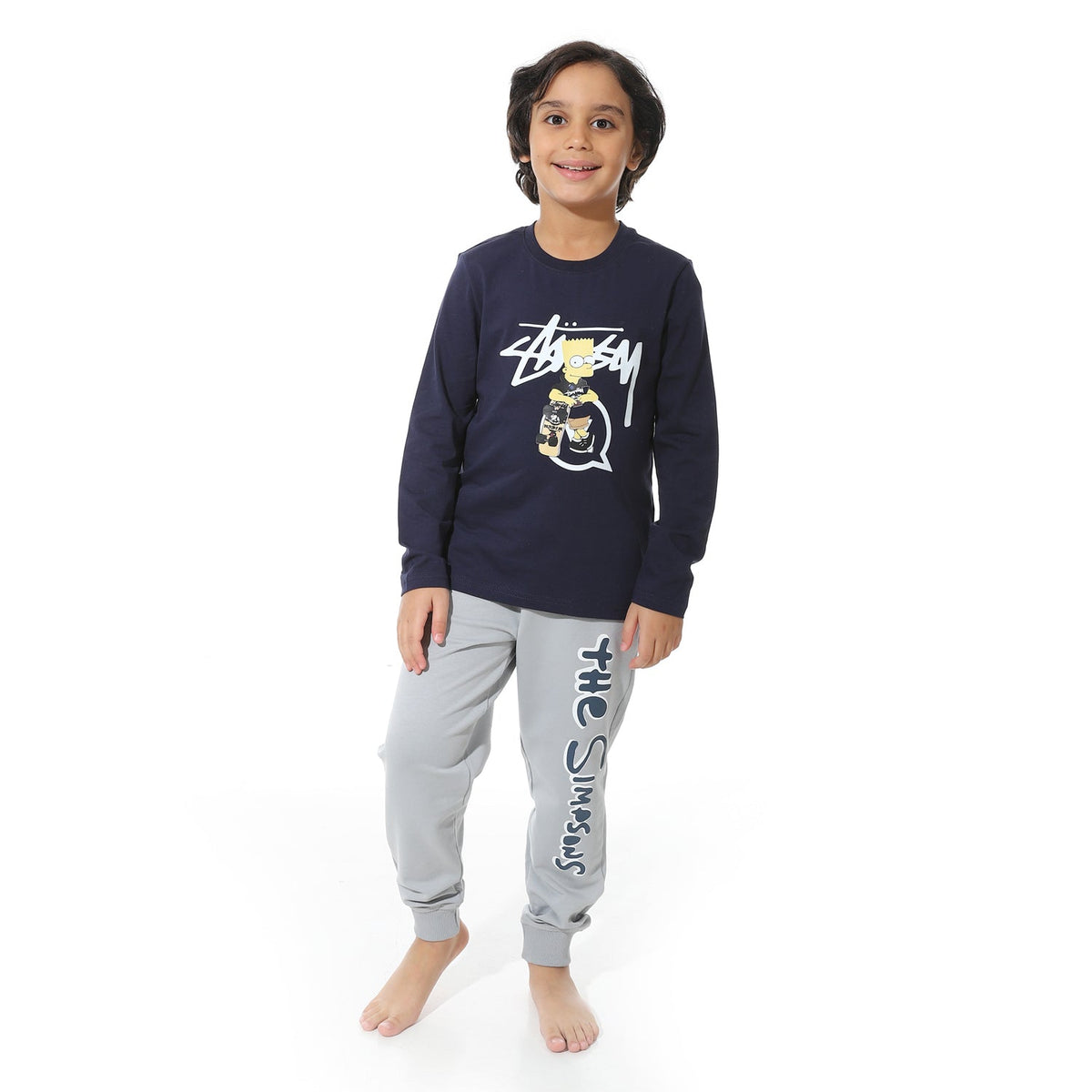 Boy's Summer Pajama Pants and Long Sleeves- Navy - Red Cotton