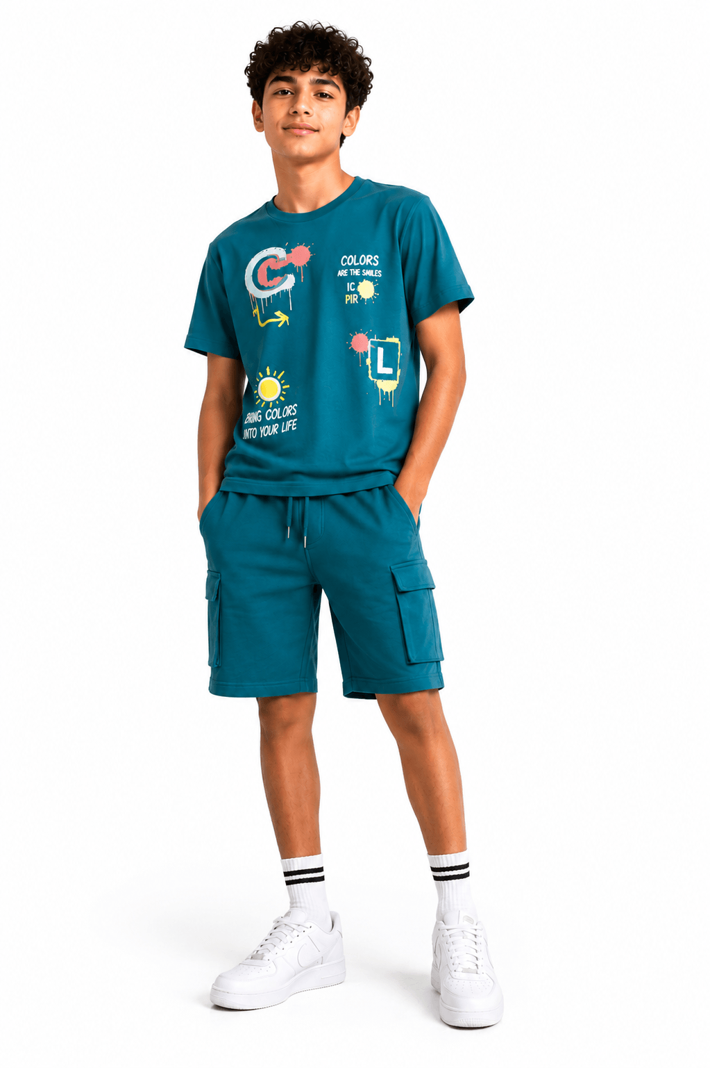 Boys’ Summer Set – Graphic Print T-Shirt & Cargo Shorts – Teal - Red Cotton