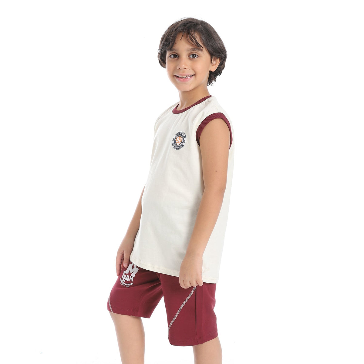 Boys’ Summer Sports Set – White T-Shirt & Maroon Printed Shorts - Red Cotton