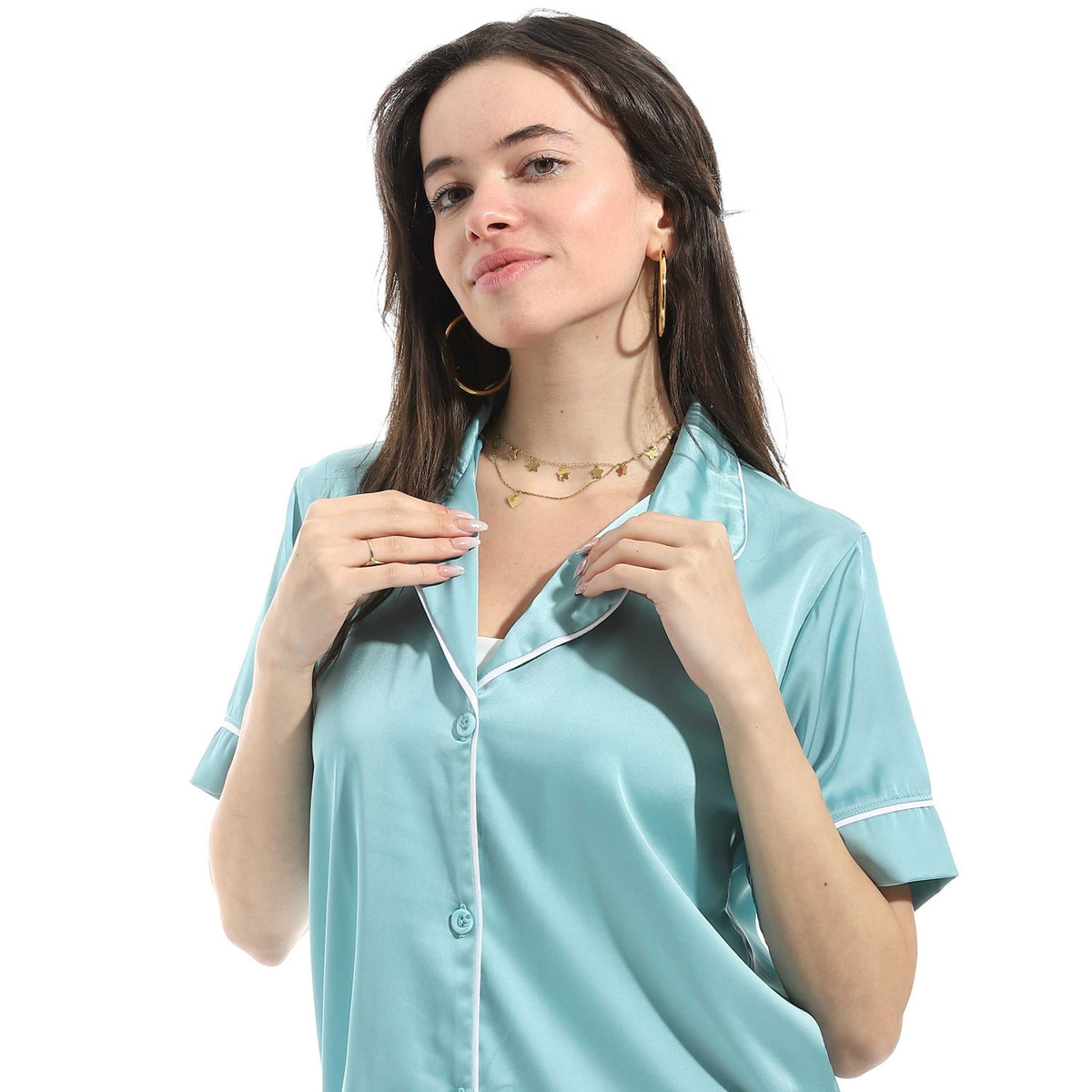 Elegant Satin Women Pajama Set - Blue - Red Cotton