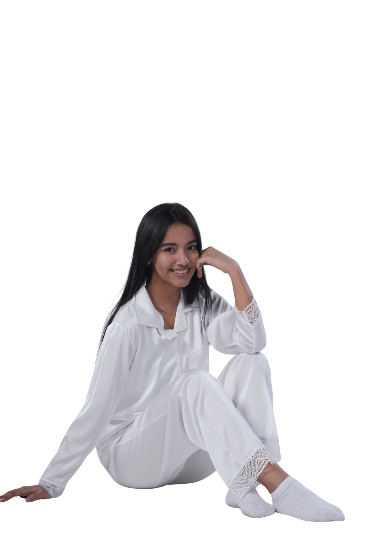 Elegant White Satin Pajama Set with Lace Trim - Red Cotton