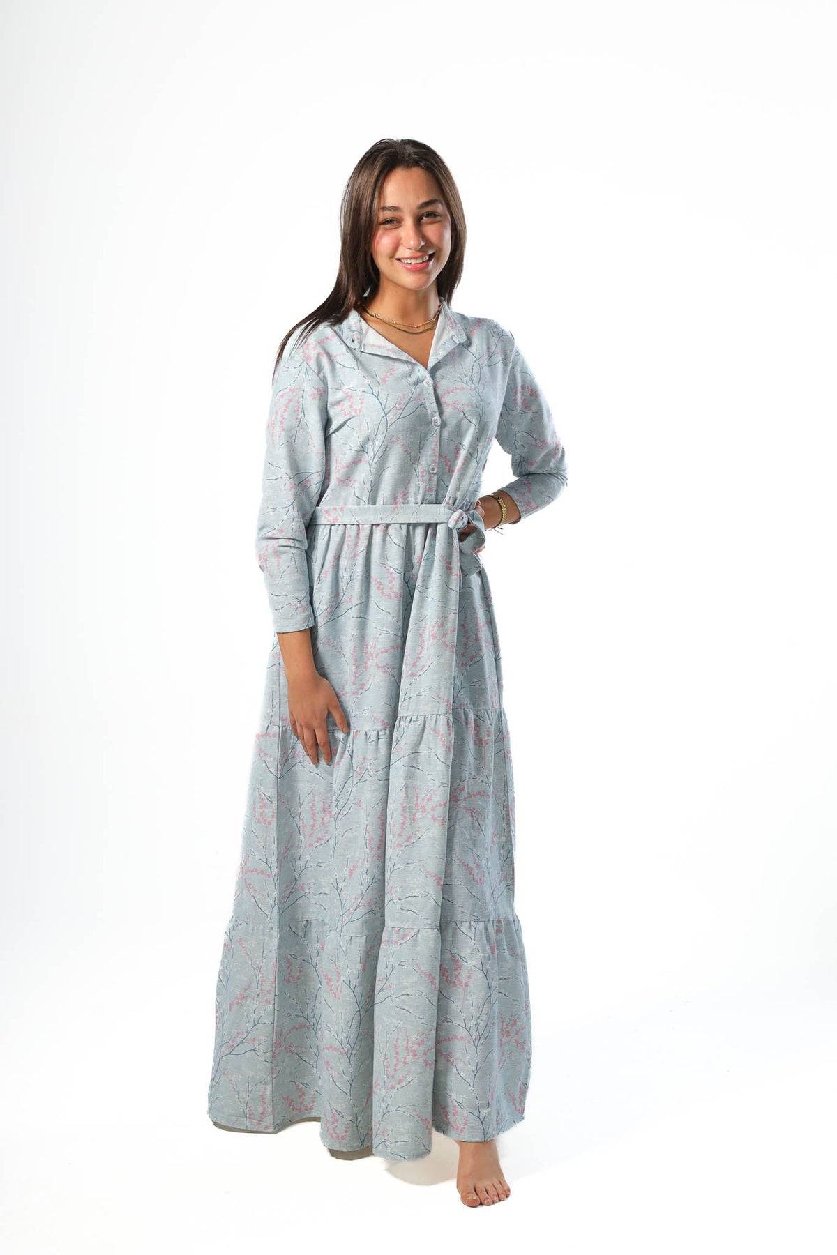 Elegant Women's Linen Dress with Buttons - Lite Blue - Red Cotton