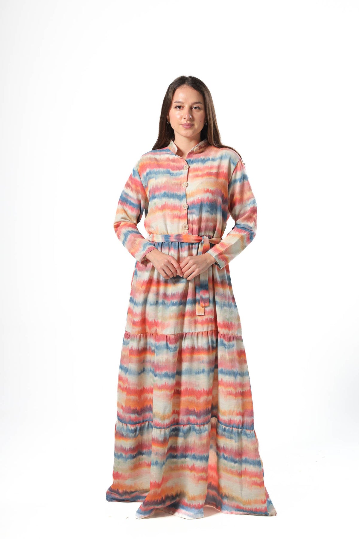 Elegant Women's Linen Dress with Buttons - Orange - Red Cotton