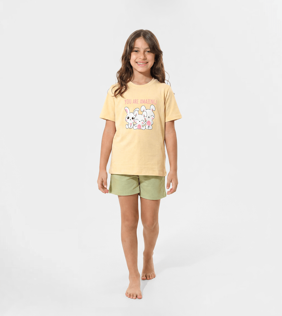 Girl Graphic T-Shirt and Green Shorts Set - Red Cotton