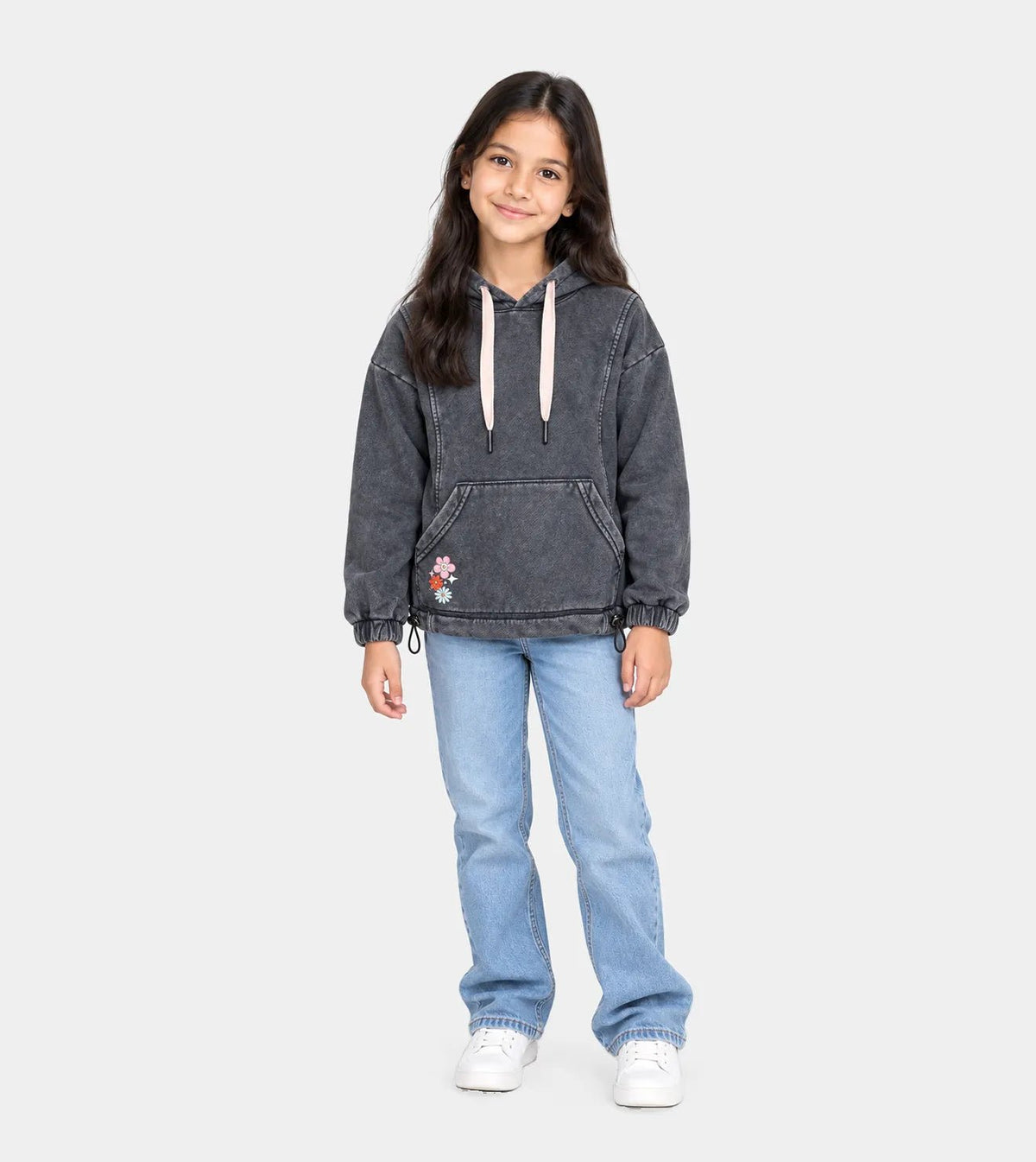 Girls’ Black Garment-Dyed Hoodie | Red Cotton - Red Cotton
