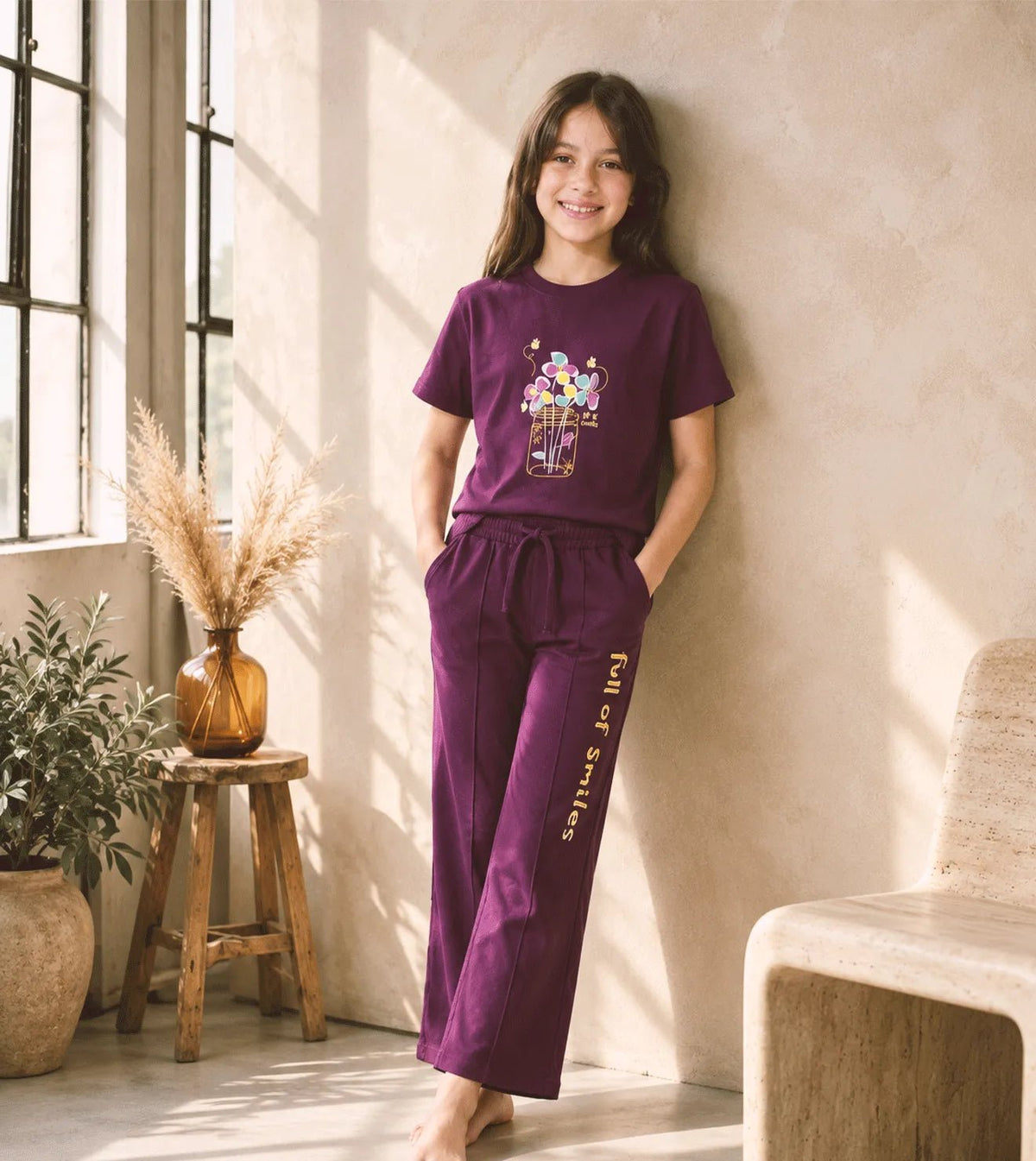 Girls’ Burgundy Short Sleeve Pajama Set – Comfortable & Stylish | Red Cotton - Red Cotton