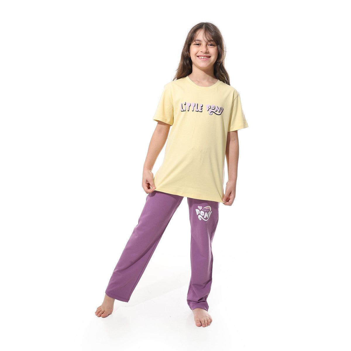 Girls' Cartoon Printed Pajama Sets with Back Print -Purple - Red Cotton
