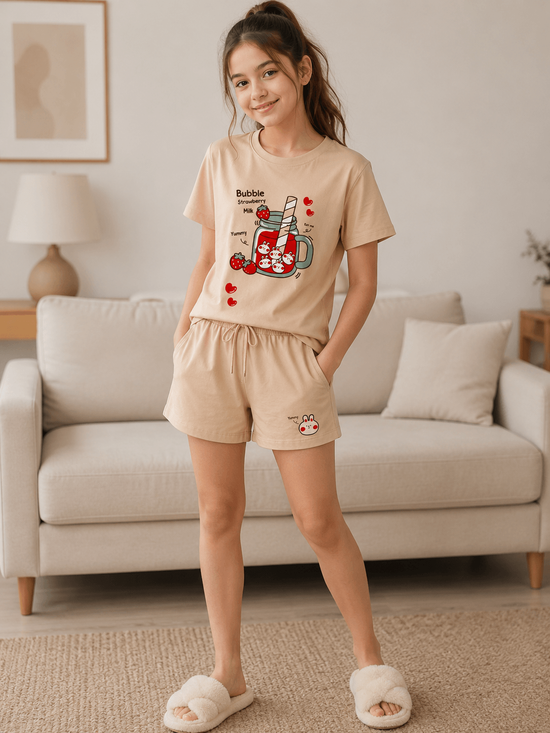 Girls' Casual Brasola Short Pajama Set - Red Cotton