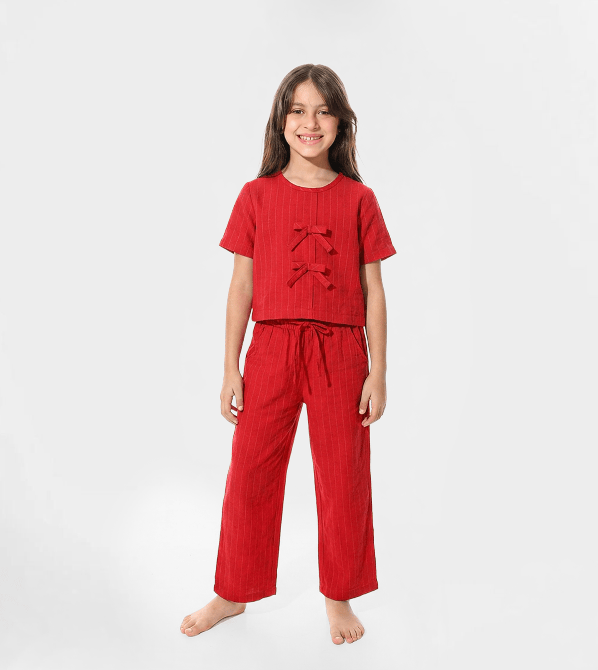 Girls Linen Pajama Set - Red Cotton