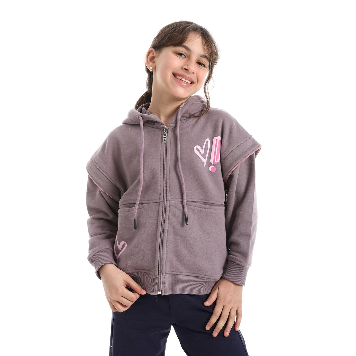 Girls' Oversized Layered-Sleeve Zip-Up Hoodie - Red Cotton