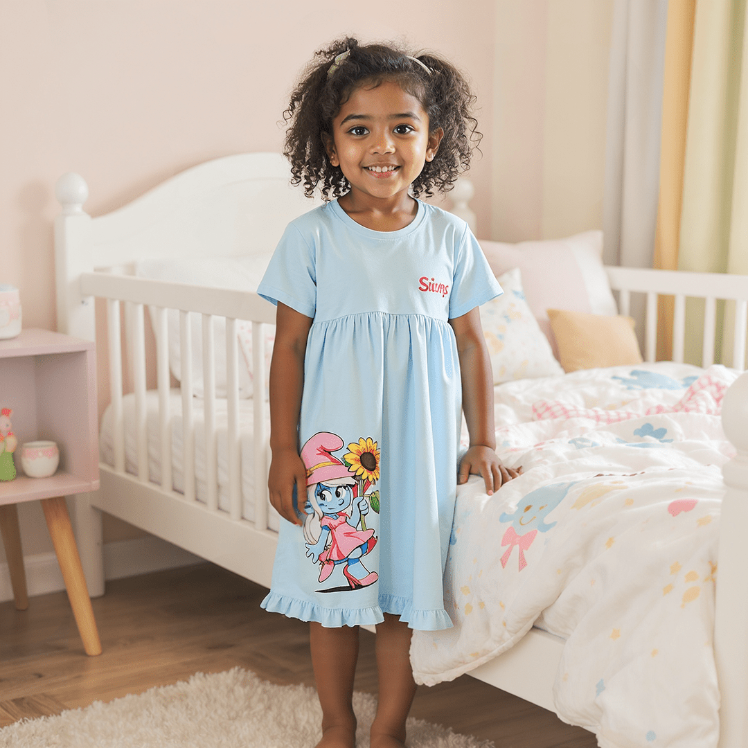 Girls Printed Short Sleeves Nightgown - Blue - Red Cotton