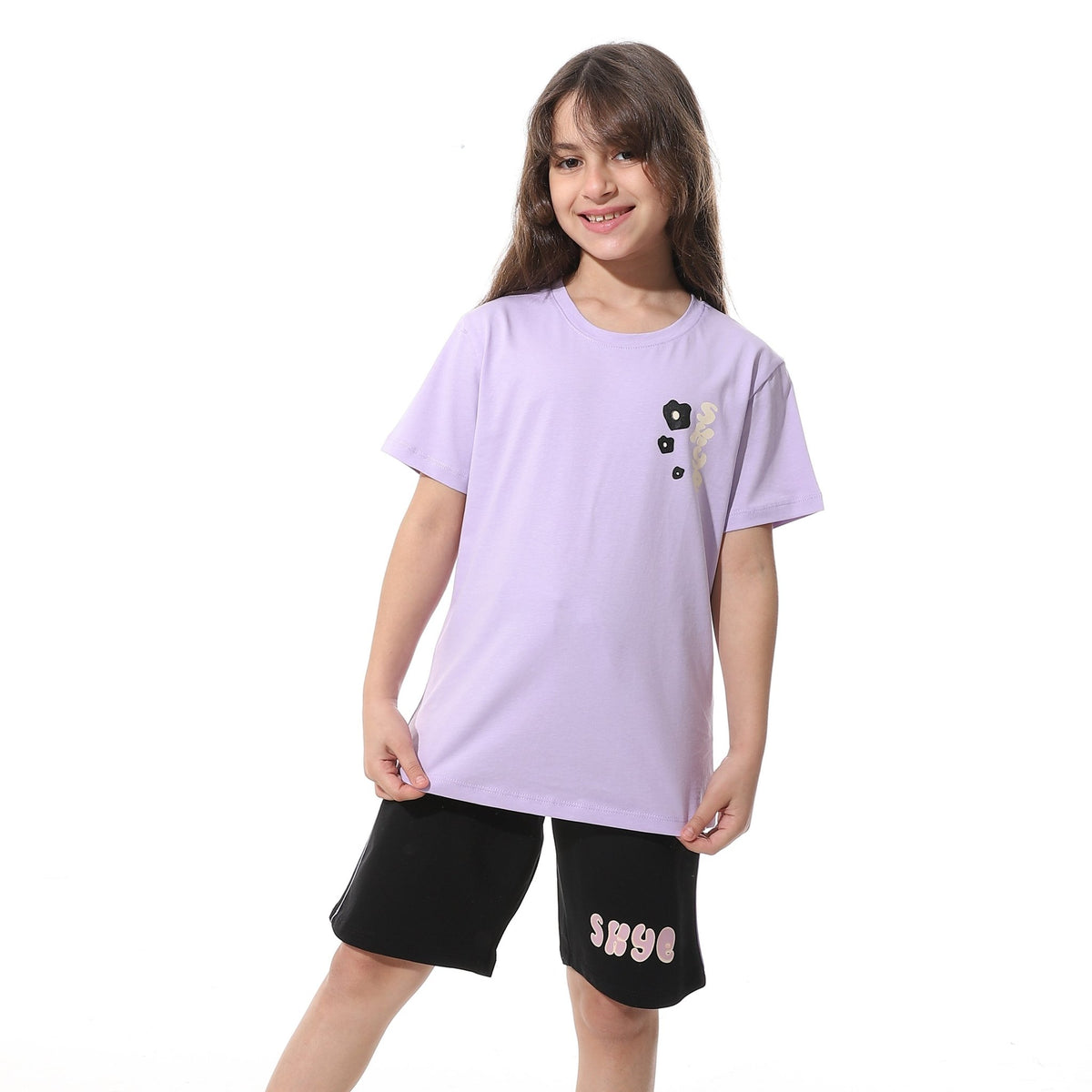 Girls’ Purple Printed Short Pajama Set - Red Cotton