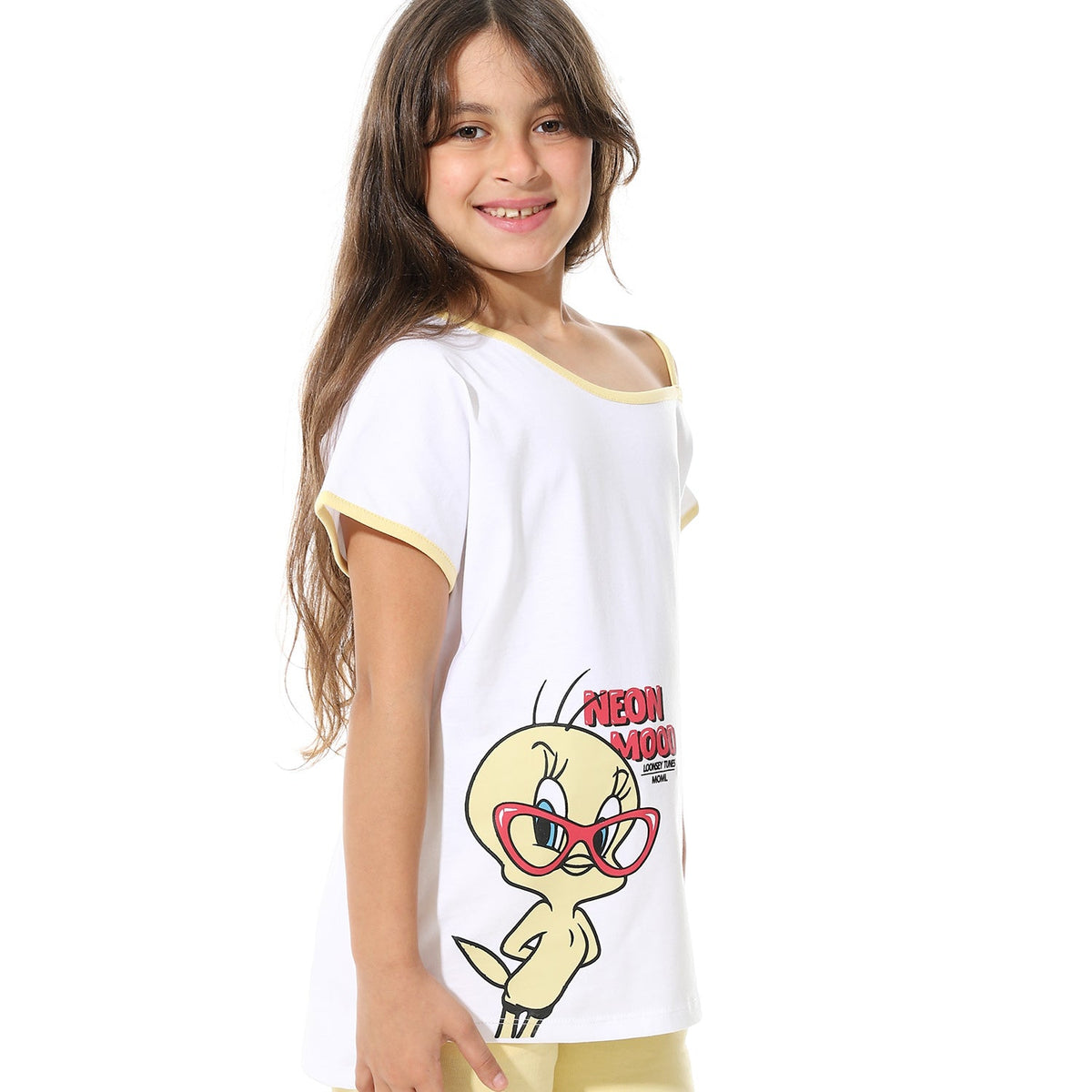 Girls’ Tweety Cartoon Pajama Set – White and Yellow - Red Cotton