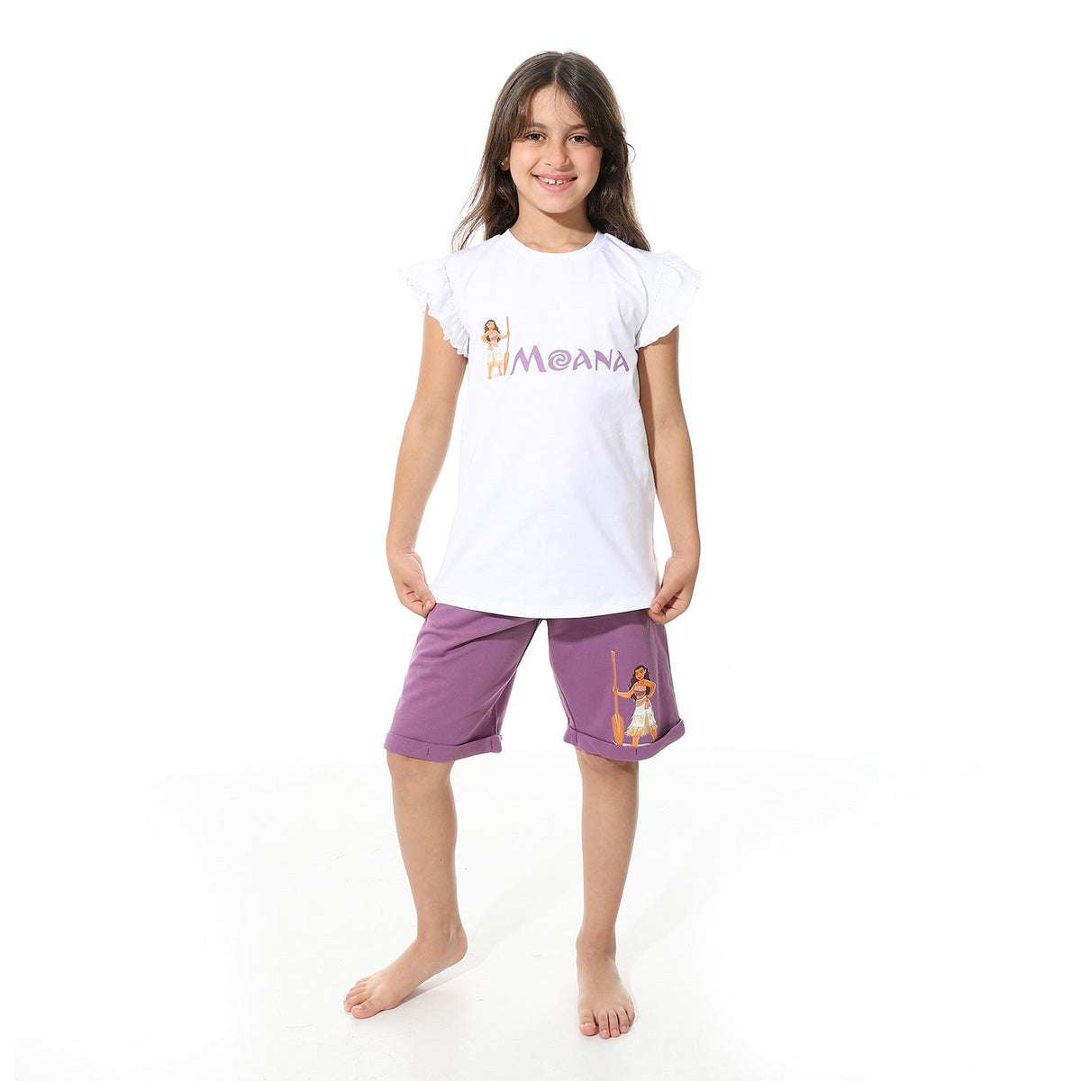 Girls’ White "Moana" Printed Short Pajama Set - Red Cotton