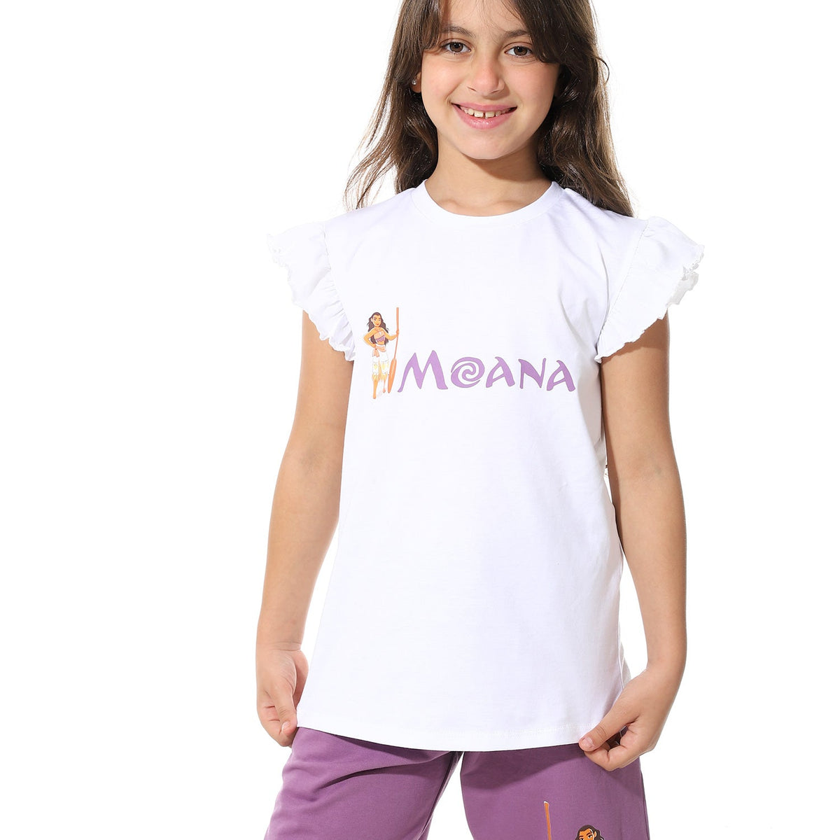 Girls’ White "Moana" Printed Short Pajama Set - Red Cotton