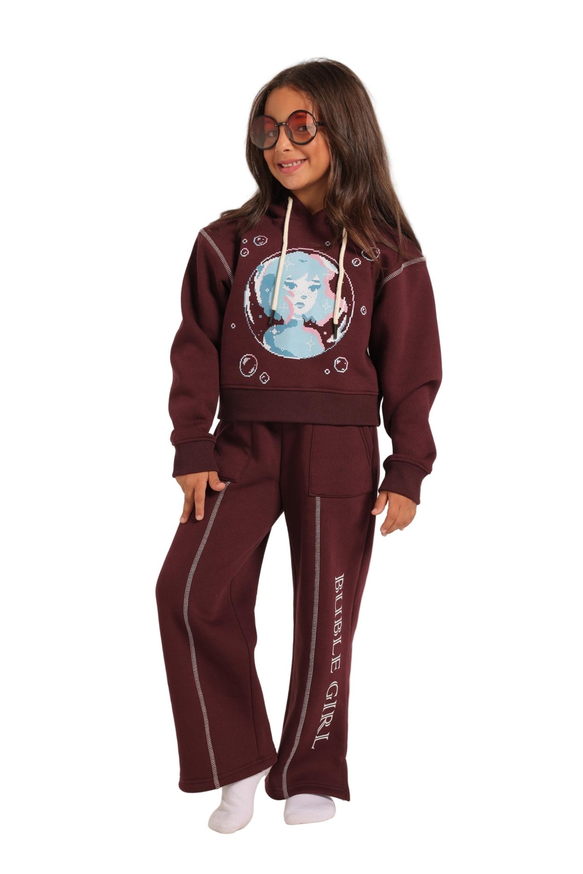 Girls' Winter Pajama Set –Burgundy Hoodie and Burgundy Wide-Leg Pants - Red Cotton