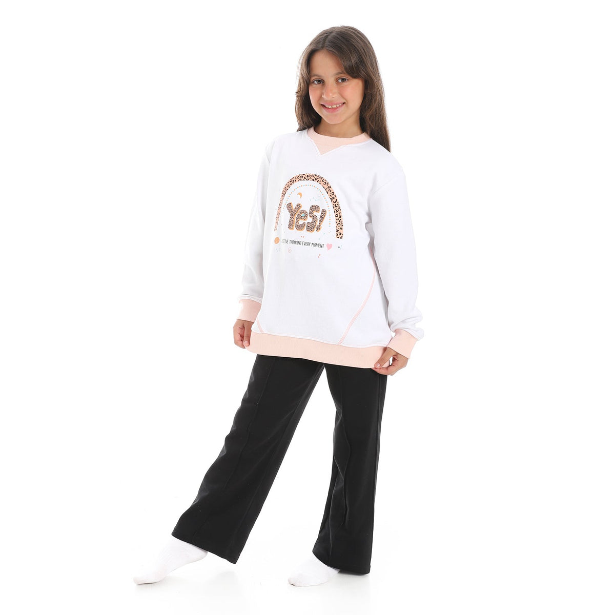 Girls' Winter Pajama Set – Off-White Hoodie and Black Wide-Leg Pants - Red Cotton