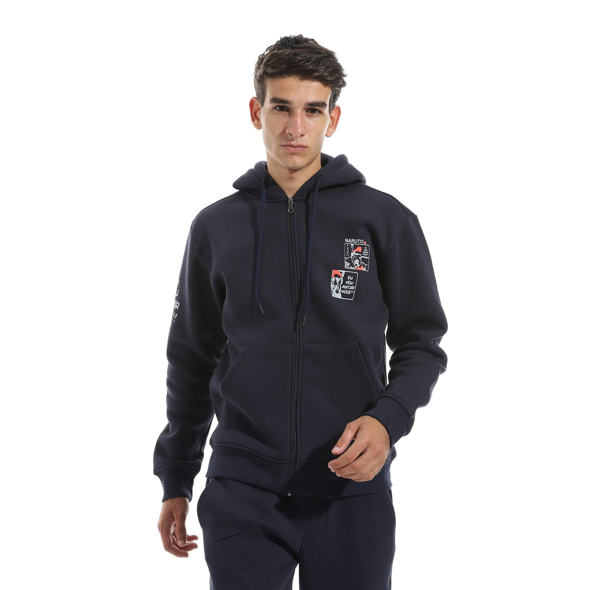 Men Printed Hoodie Set Red Cotton - Red Cotton