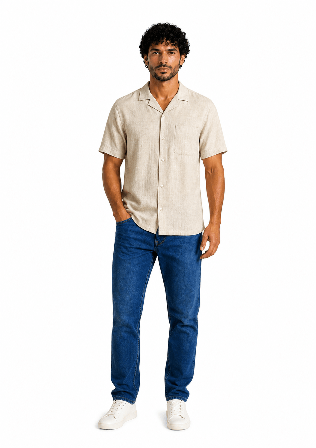 Men Relaxed Short-Sleeve Linen Shirt in Beige - Red Cotton