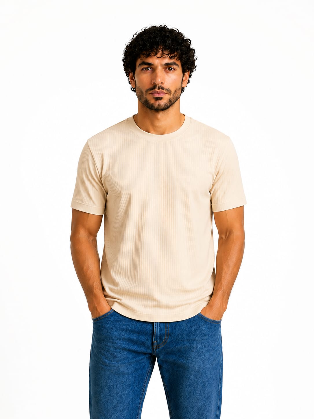Men Ribbed Knit T-Shirt - Red Cotton